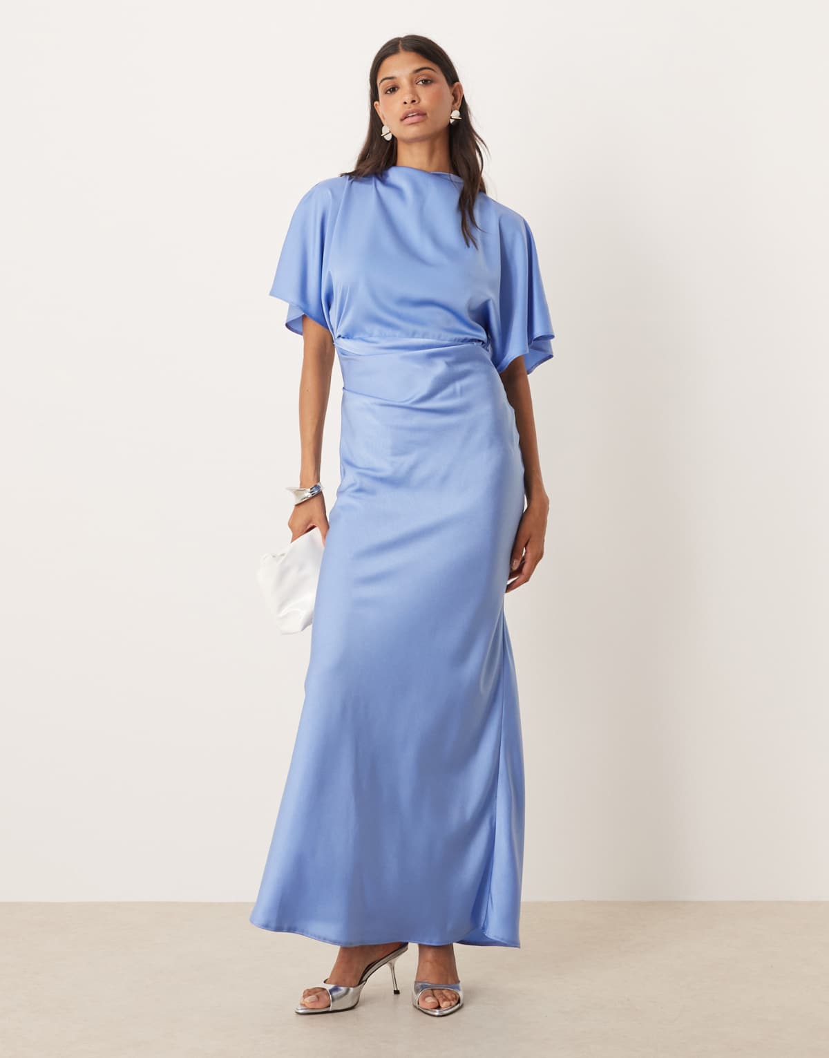 ASOS DESIGN satin high neck blouson maxi dress with flutter sleeve in blue