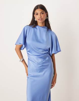 Asos Design Satin High Neck Blouson Maxi Dress With Flutter Sleeve In Blue