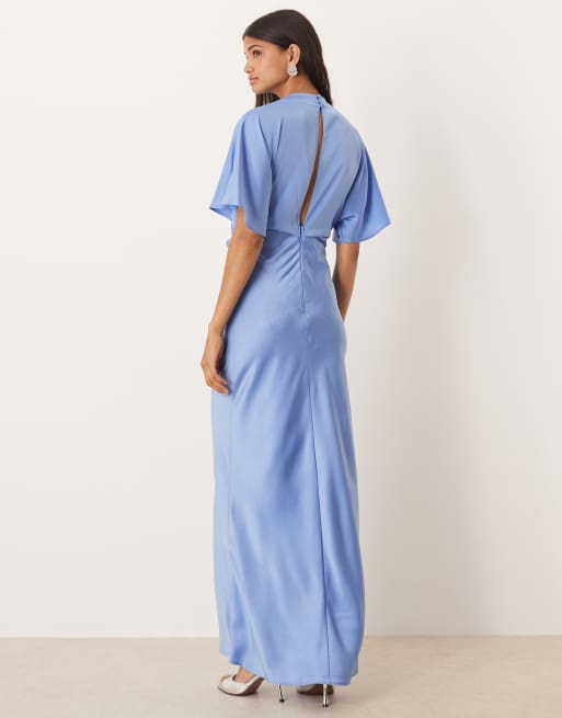 ASOS DESIGN satin high neck blouson maxi dress with flutter sleeve in blue