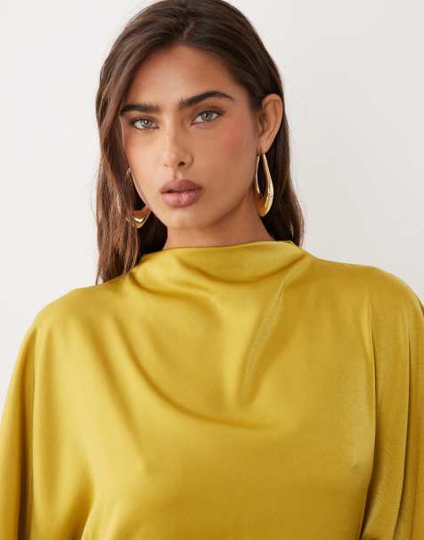 ASOS DESIGN satin high neck blouson maxi dress with flutter sleeve in chartreuse - view 1