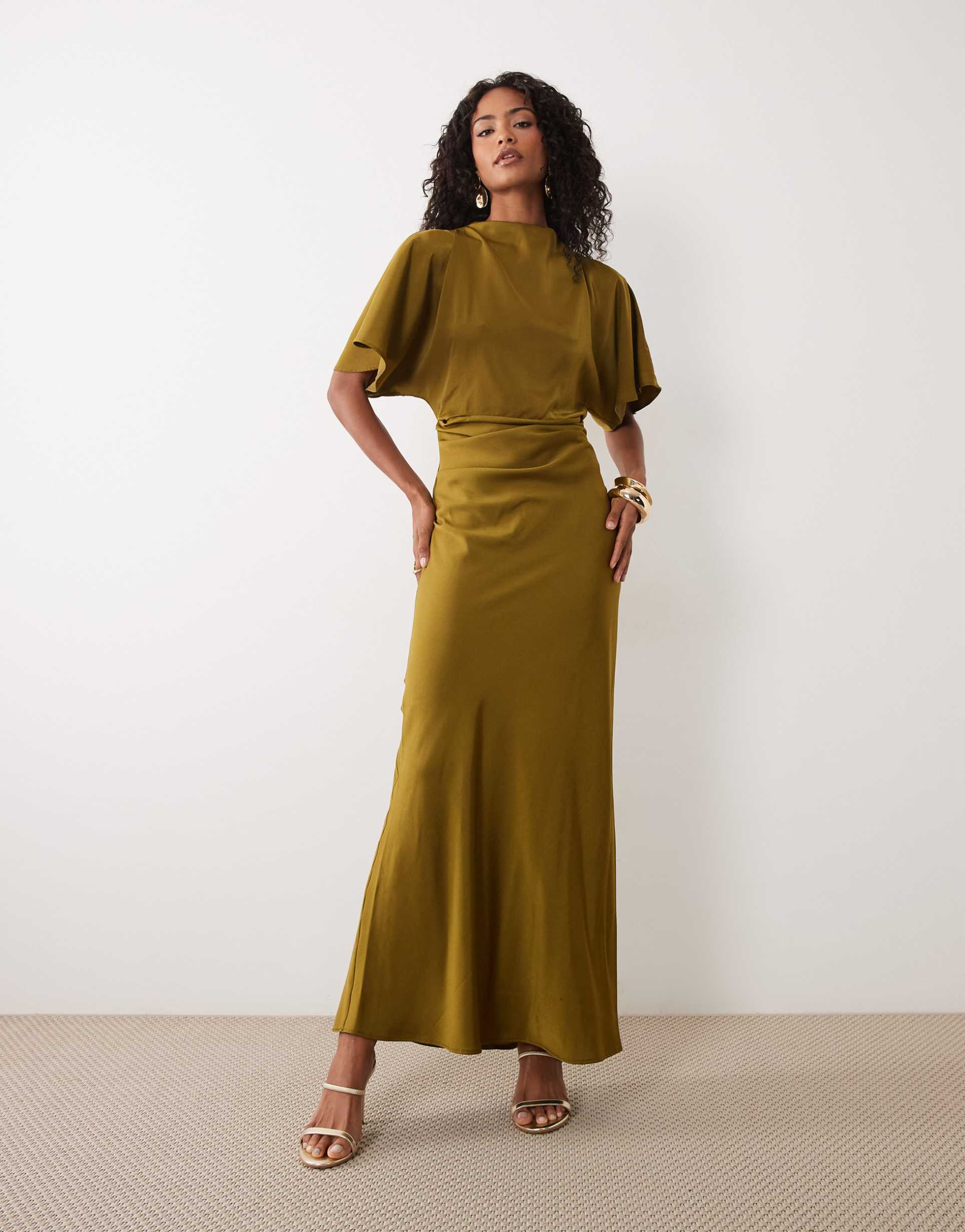 asos design satin high neck blouson maxi dress with flutter sleeve in dark khaki