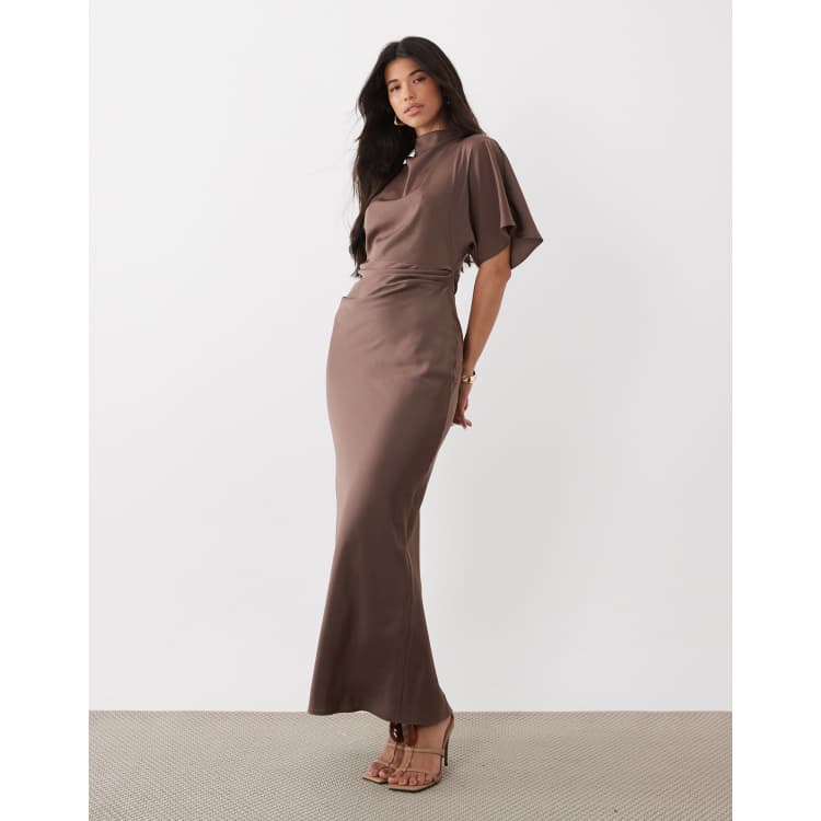 light brown satin dress ASOS DESIGN high neck blouson maxi with flutter sleeve in Size:5/6 Off-The-Shoulder Long Dress The flowy color:off white