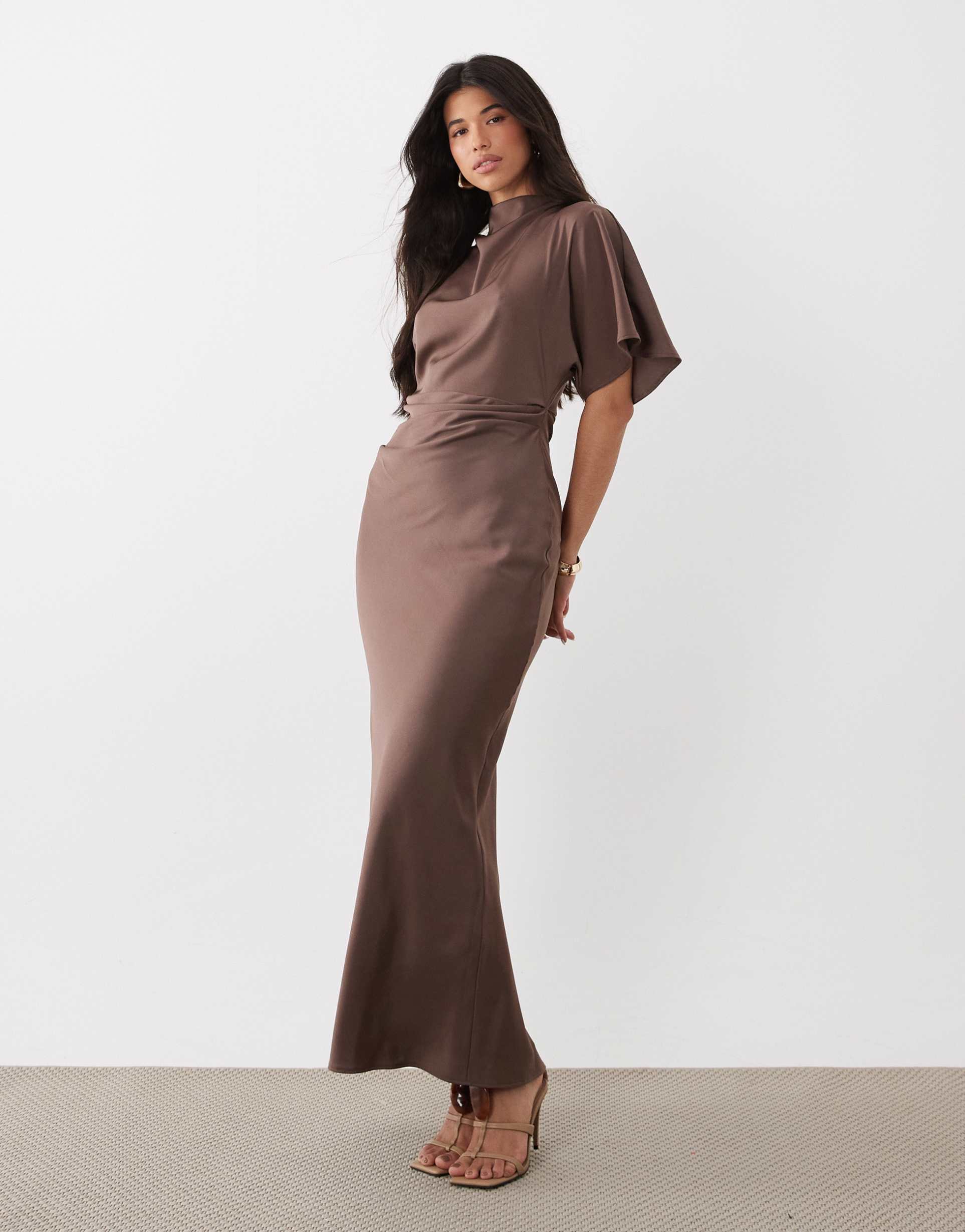 asos design satin high neck blouson maxi dress with flutter sleeve in light brown