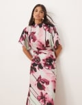 [ASOS DESIGN] ASOS DESIGN satin high neck blouson maxi dress with flutter sleeve in oversized pink floral print-Multi 14 Floral Print