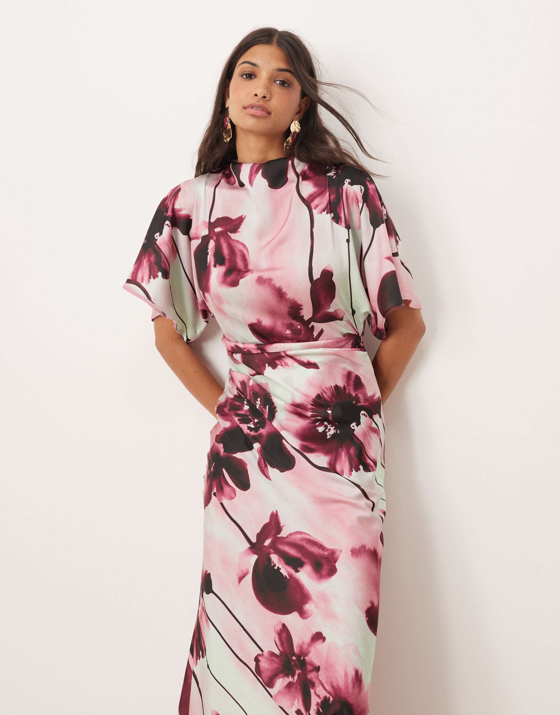 asos design satin high neck blouson maxi dress with flutter sleeve in oversized pink floral print