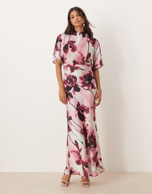ASOS DESIGN satin high neck blouson maxi dress with flutter sleeve in oversized pink floral print