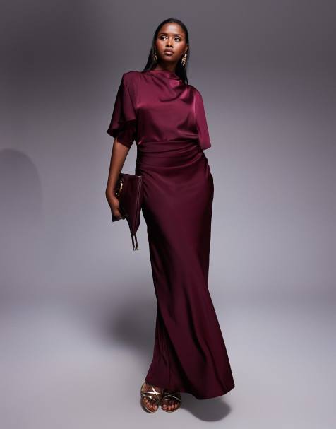 ASOS DESIGN satin high neck blouson maxi dress with flutter sleeve in plum