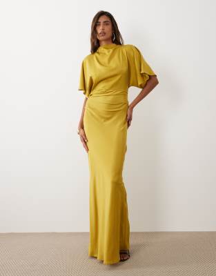 Asos Design Satin High Neck Blouson Maxi Dress With Flutter Sleeves In Gold