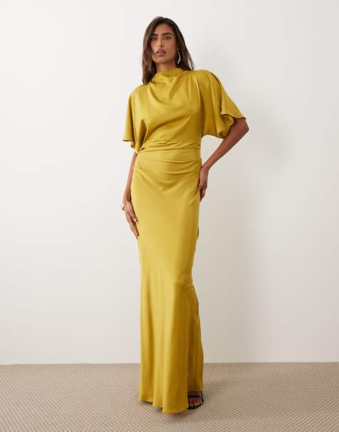 ASOS DESIGN satin high neck blouson maxi dress with flutter sleeves in chartreuse - view 1