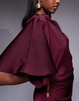 Asos Design Satin High Neck Blouson Maxi Dress With Flutter Sleeves In Burgundy