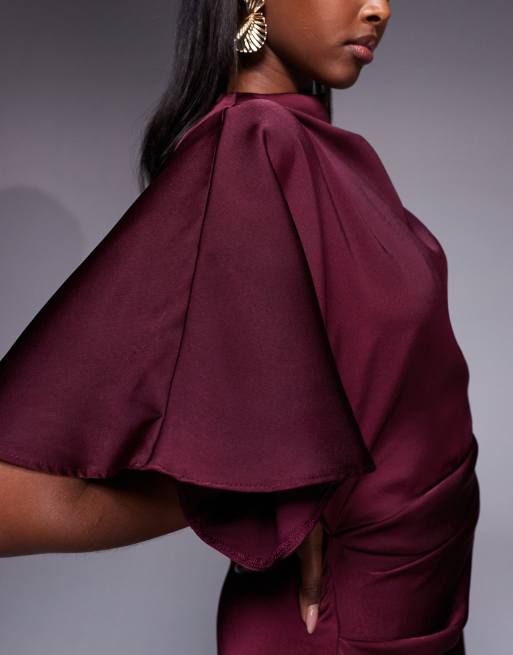 ASOS DESIGN satin high neck blouson maxi dress with flutter sleeves in plum