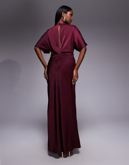 ASOS DESIGN satin high neck blouson maxi dress with flutter sleeves in plum