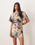 [ASOS DESIGN] ASOS DESIGN satin high neck blouson mini dress with flutter sleeve in oversized green floral print-Multi 4 Floral Print