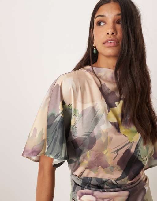 ASOS DESIGN satin high neck blouson mini dress with flutter sleeve in oversized green floral print, 2 of 4
