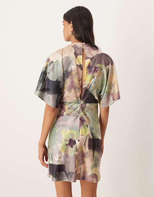 ASOS DESIGN satin high neck blouson mini dress with flutter sleeve in oversized green floral print, 4 of 4