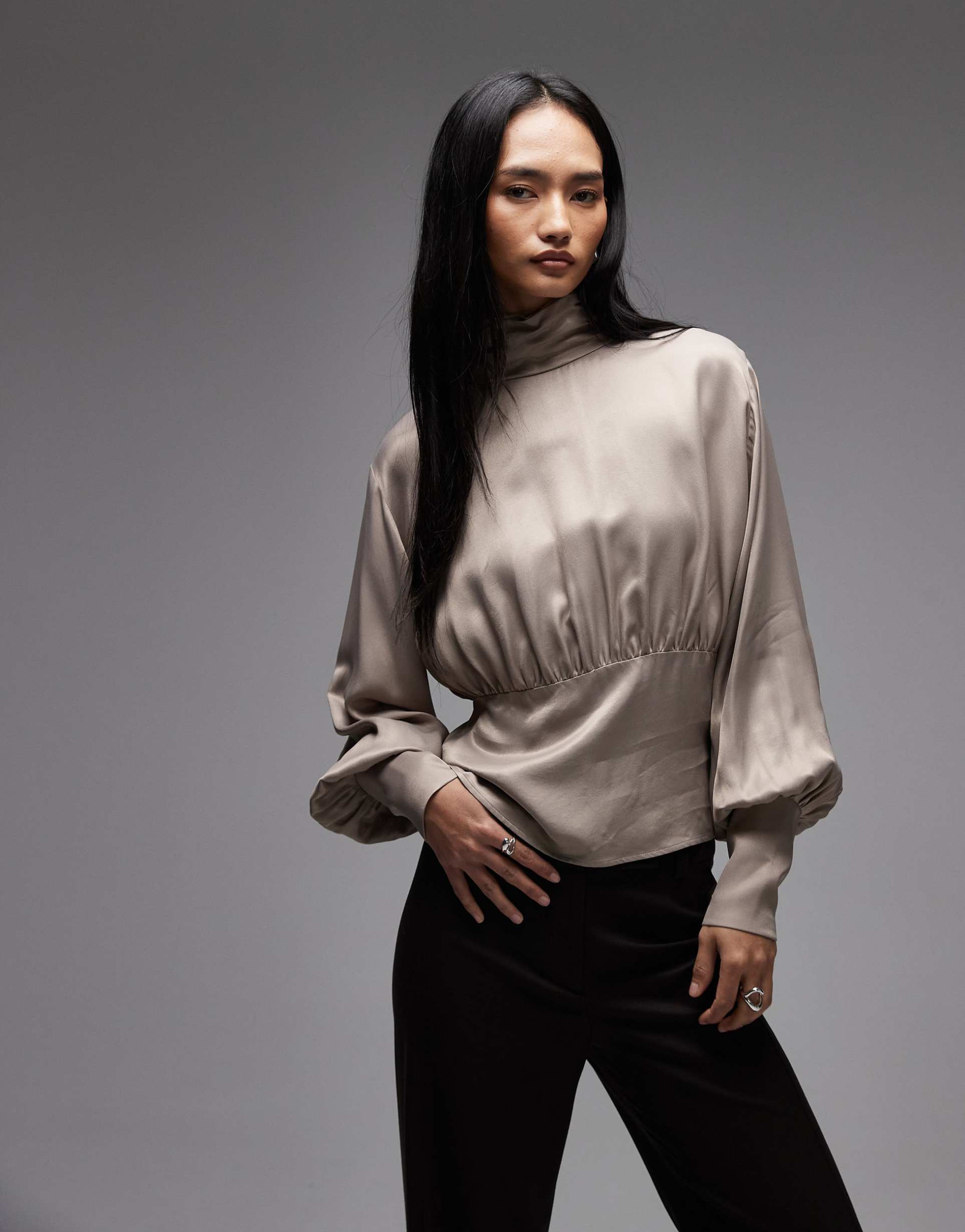 asos design satin high neck blouson sleeve blouse in taupe
