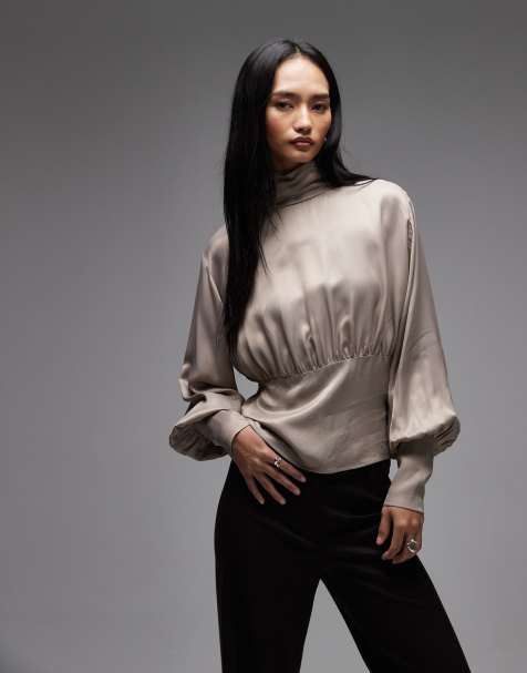 ASOS DESIGN satin high neck blouson sleeve blouse in taupe