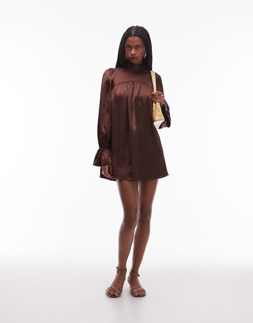 ASOS DESIGN satin high neck blouson sleeve mini dress in chocolate
