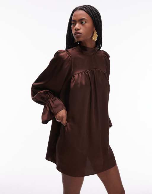 ASOS DESIGN satin high neck blouson sleeve mini dress in chocolate