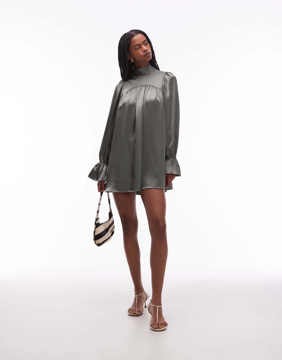 ASOS DESIGN satin high neck blouson sleeve mini dress in khaki