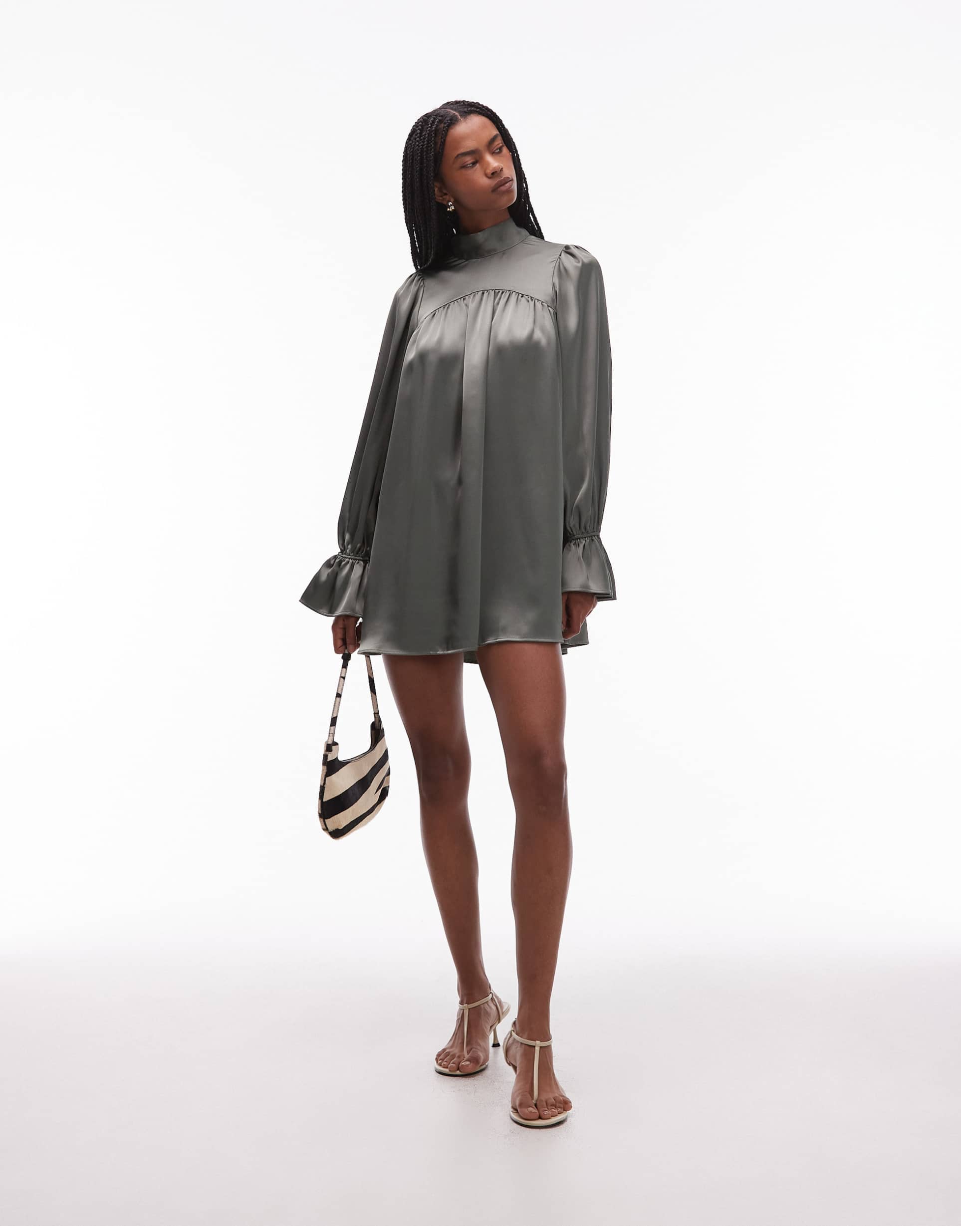 asos design satin high neck blouson sleeve mini dress in khaki