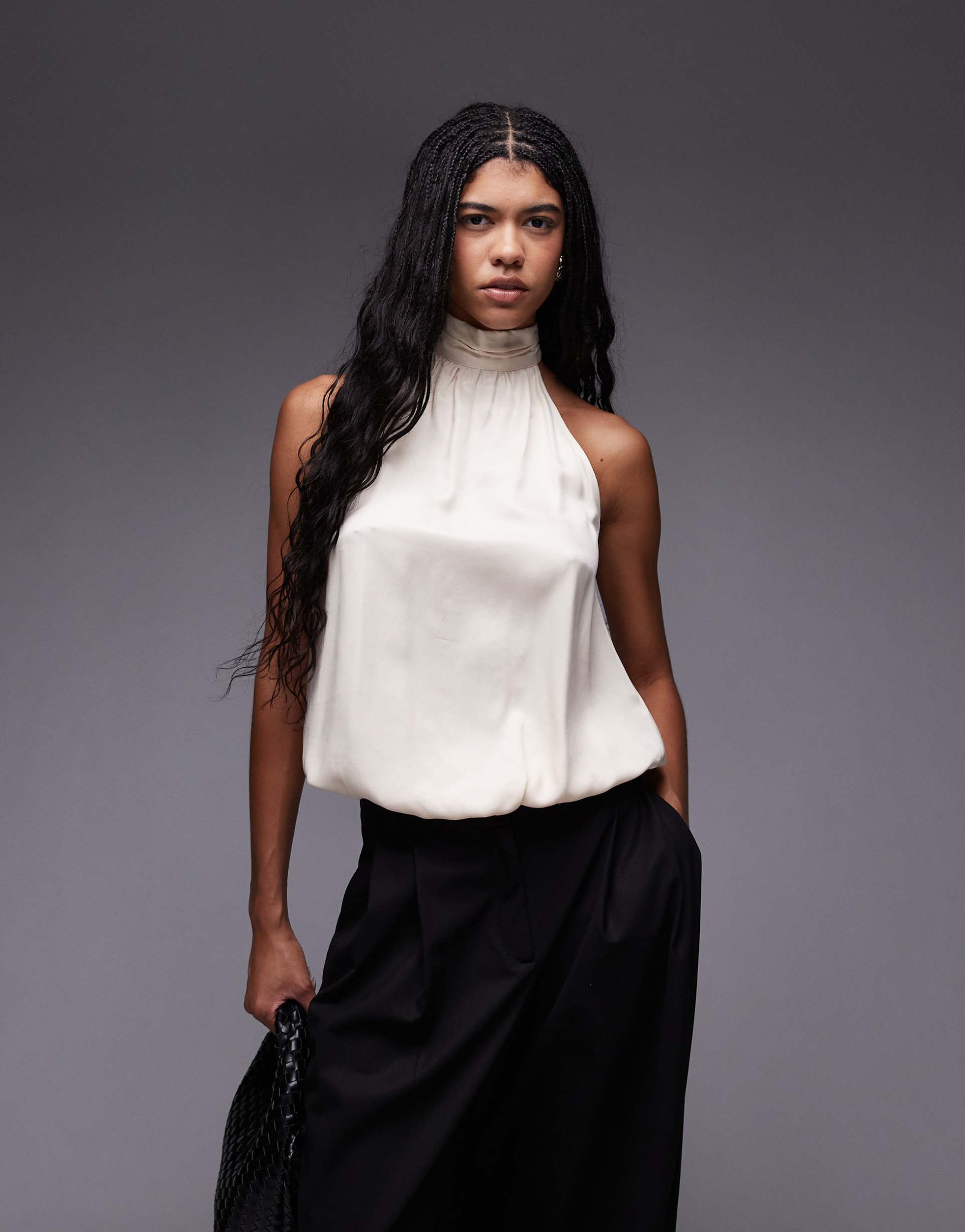 asos design satin high neck bubble hem top in ecru