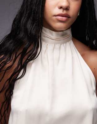Asos Design Satin High Neck Bubble Hem Top In White