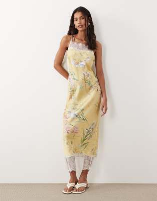 Asos Design Satin High Neck Cami Midi Dress With Lace Trims In Multi