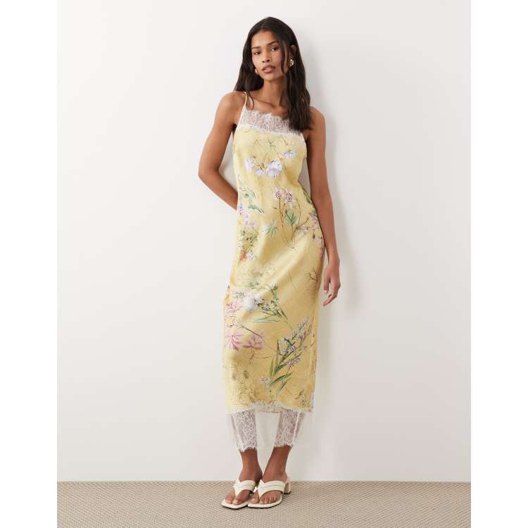 knee length dresses for ladies Floral Print Cami Dress with Side Slit Purple White Flowers with Yellow Background / M