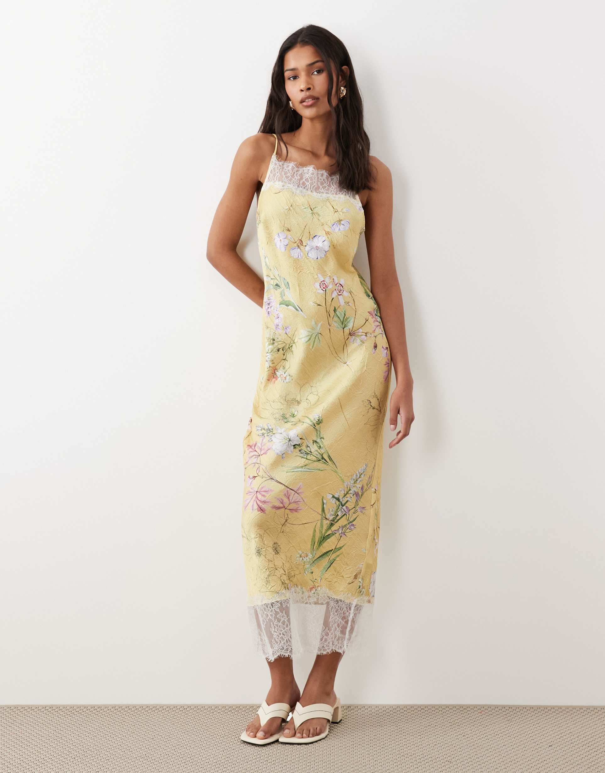 asos design satin high neck cami midi dress with lace trims in yellow floral print