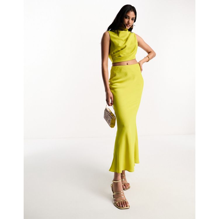 Missguided, Pleated Bust Detail A Line Satin Mini Dress, Chartreuse