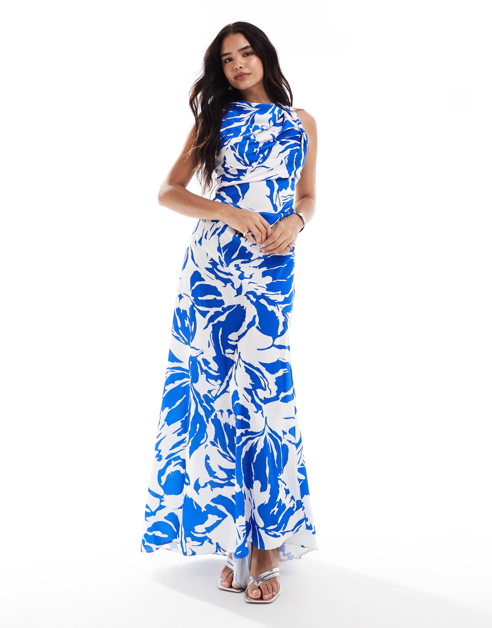 asos design satin high neck drape maxi dress with puddle hem in blue abstract print