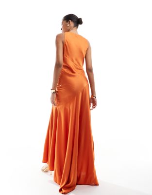 ASOS DESIGN satin high neck drape maxi dress with puddle hem in burnt orange  | ASOS