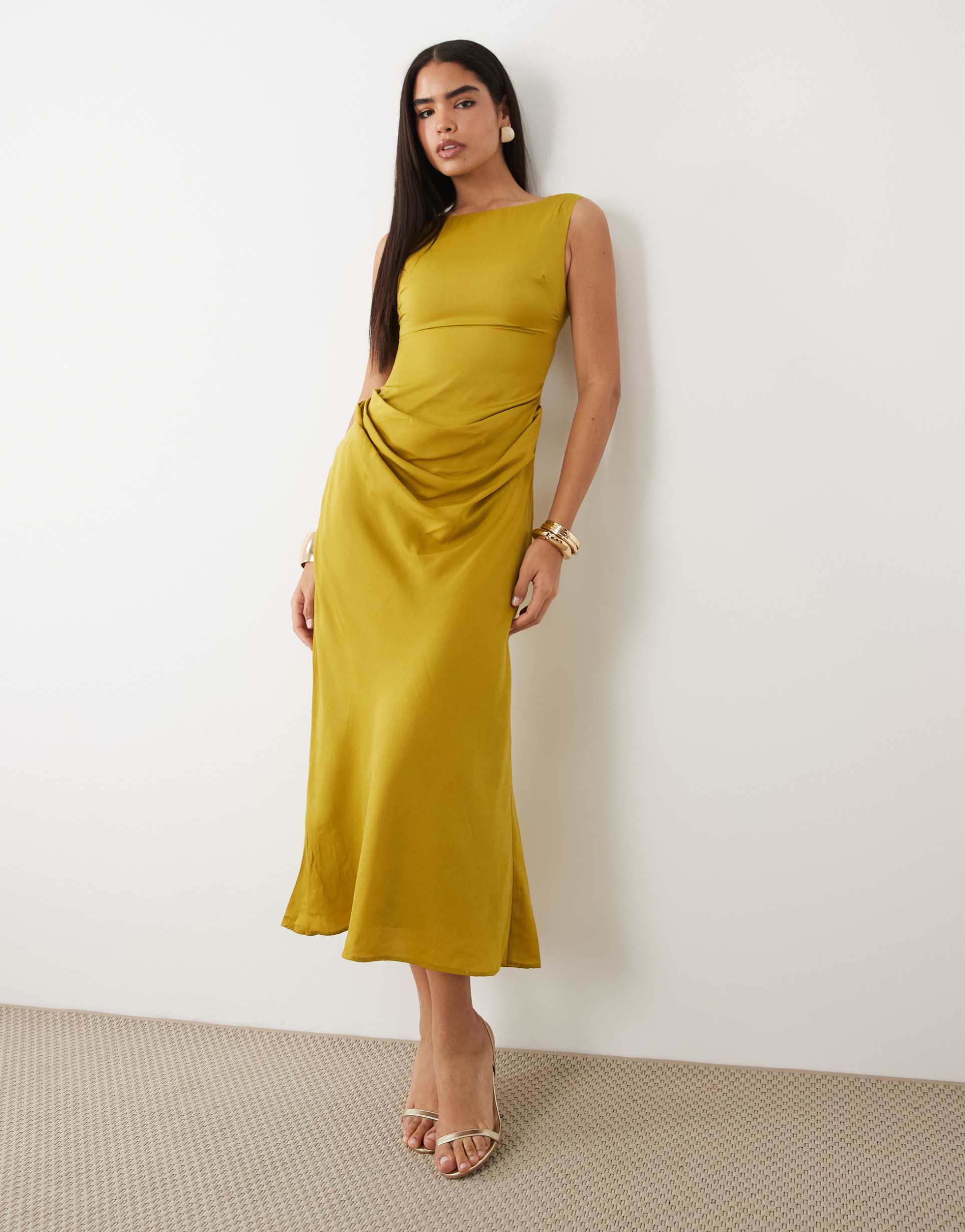 asos design satin high neck drape skirt maxi dress in golden olive