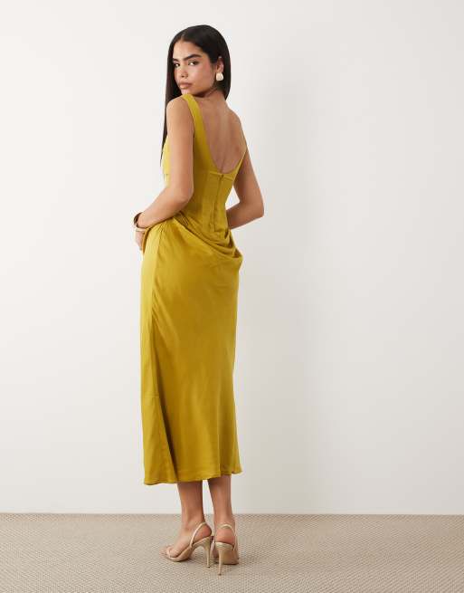 ASOS DESIGN satin high neck drape skirt maxi dress in golden olive, 2 of 4