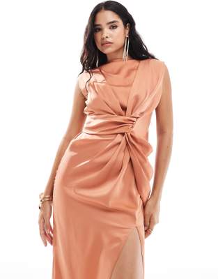 Asos Design Satin High Neck Drape Split Maxi Dress In Light Rust-brown