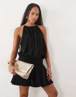 Asos Design Satin High Neck Drop Waist Flippy Mini Dress In Black