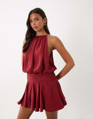 Asos Design Satin High Neck Drop Waist Flippy Mini Dress In Red