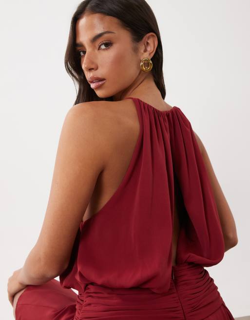 ASOS DESIGN satin high neck drop waist flippy mini dress in cherry red, 3 of 4