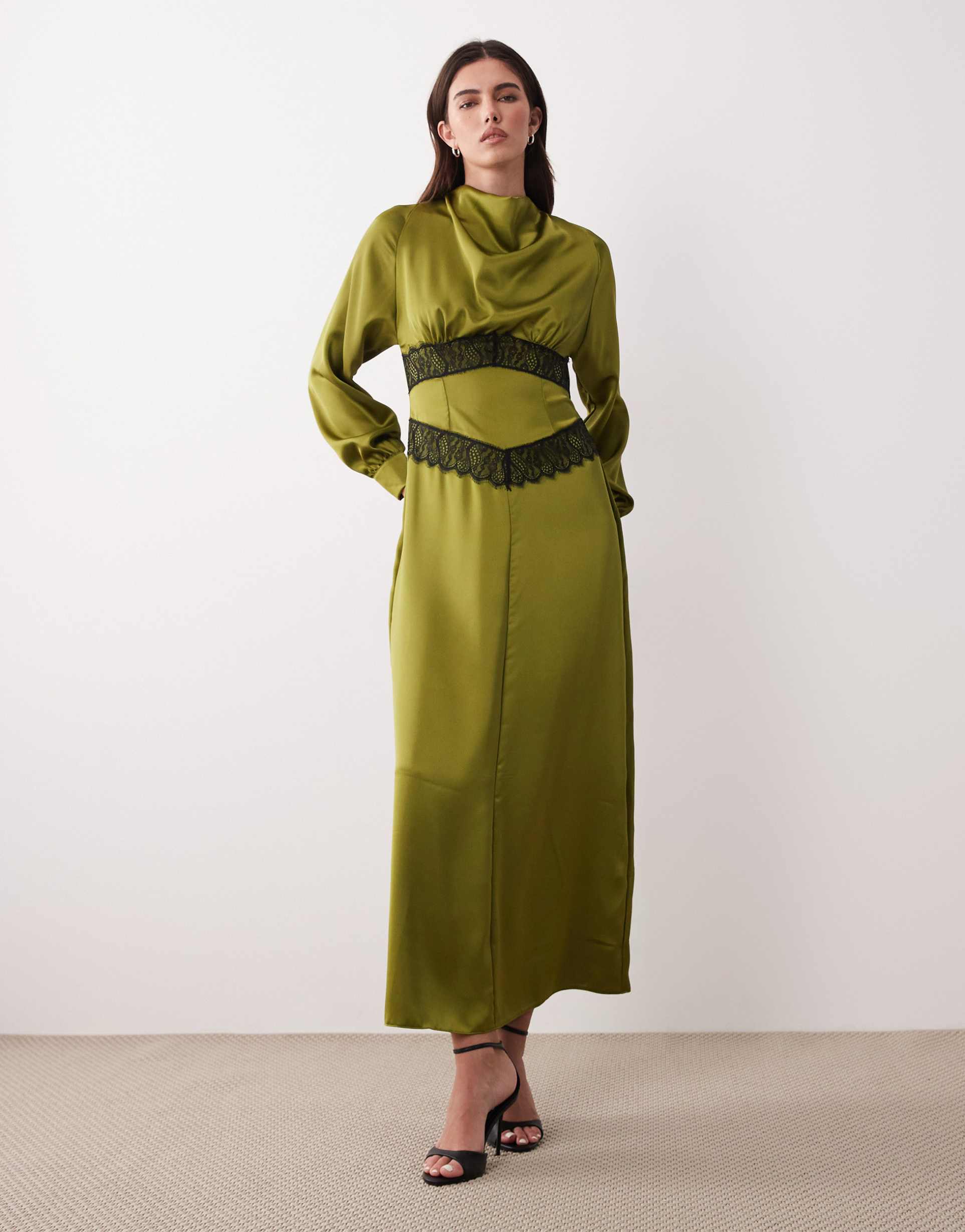asos design satin high neck lace detail maxi dress in olive