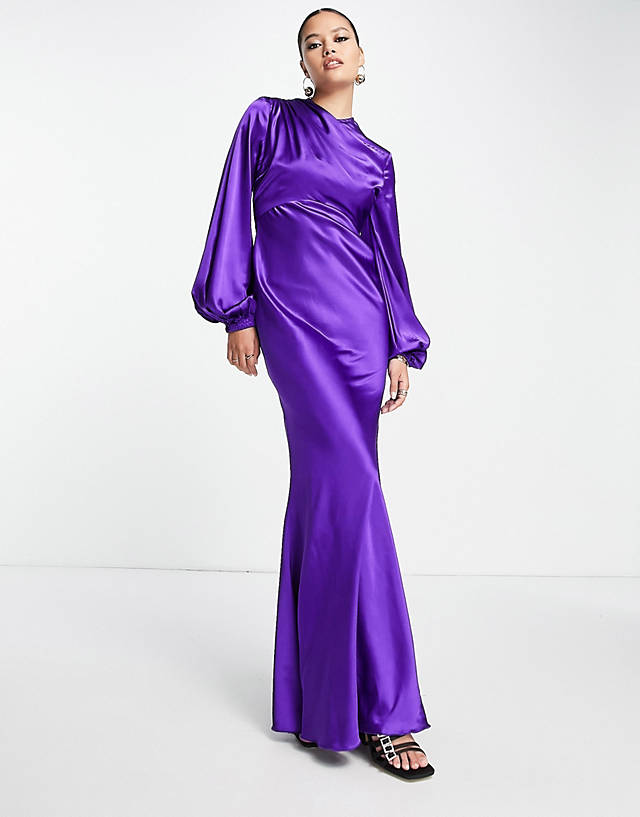 ASOS DESIGN satin high neck maxi dress with blouson sleeve in purple