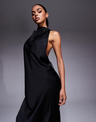 Asos Design Satin High Neck Maxi Dress With Gold Tone Hardware Trim Detail In Black