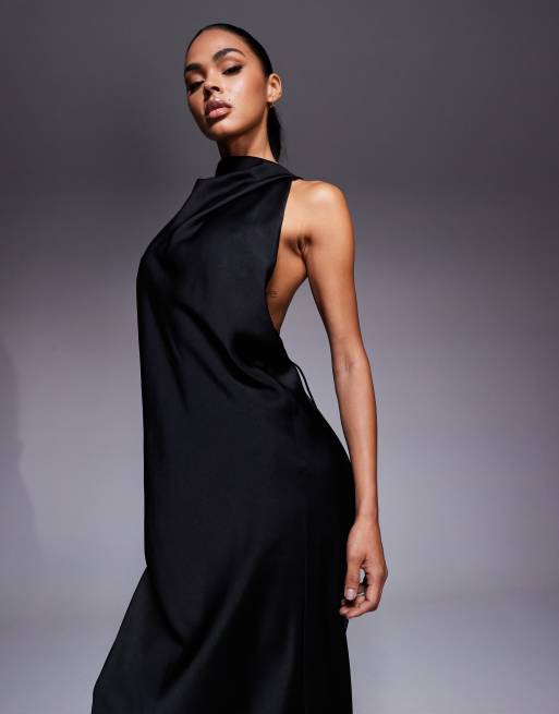 ASOS DESIGN satin high neck maxi dress with gold tone hardware trim detail in black