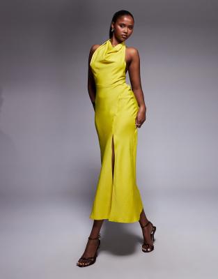 Asos Design Satin High Neck Midi Dress With Cross Strap Detail In Yellow
