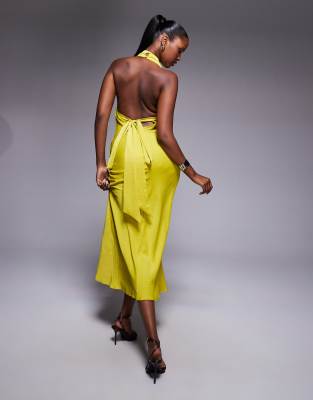 Asos Design Satin High Neck Midi Dress With Cross Strap Detail In Yellow