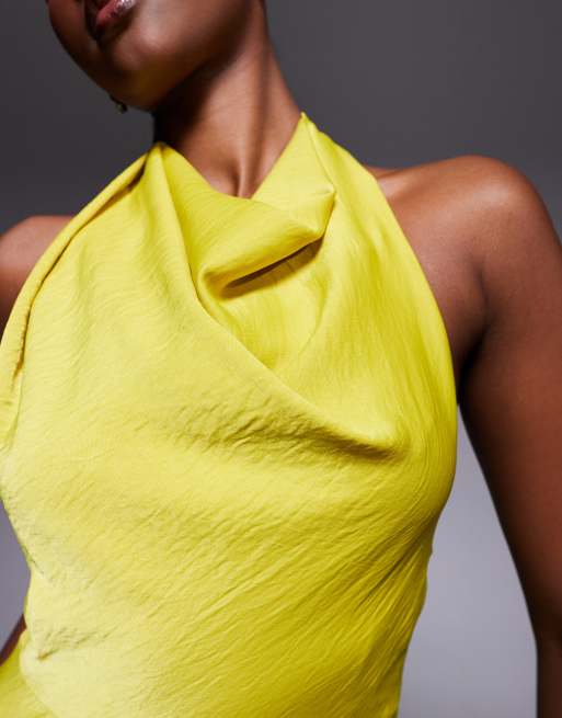 ASOS DESIGN satin high neck midi dress with cross strap detail in chartreuse