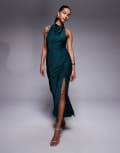 [ASOS DESIGN] ASOS DESIGN satin high neck midi dress with cross strap detail in teal-Blue 18 Teal