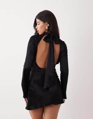 Asos Design Satin High Neck Mini Dress In Black