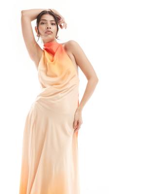 ASOS DESIGN satin high neck open back maxi dress in orange ombre print |  ASOS