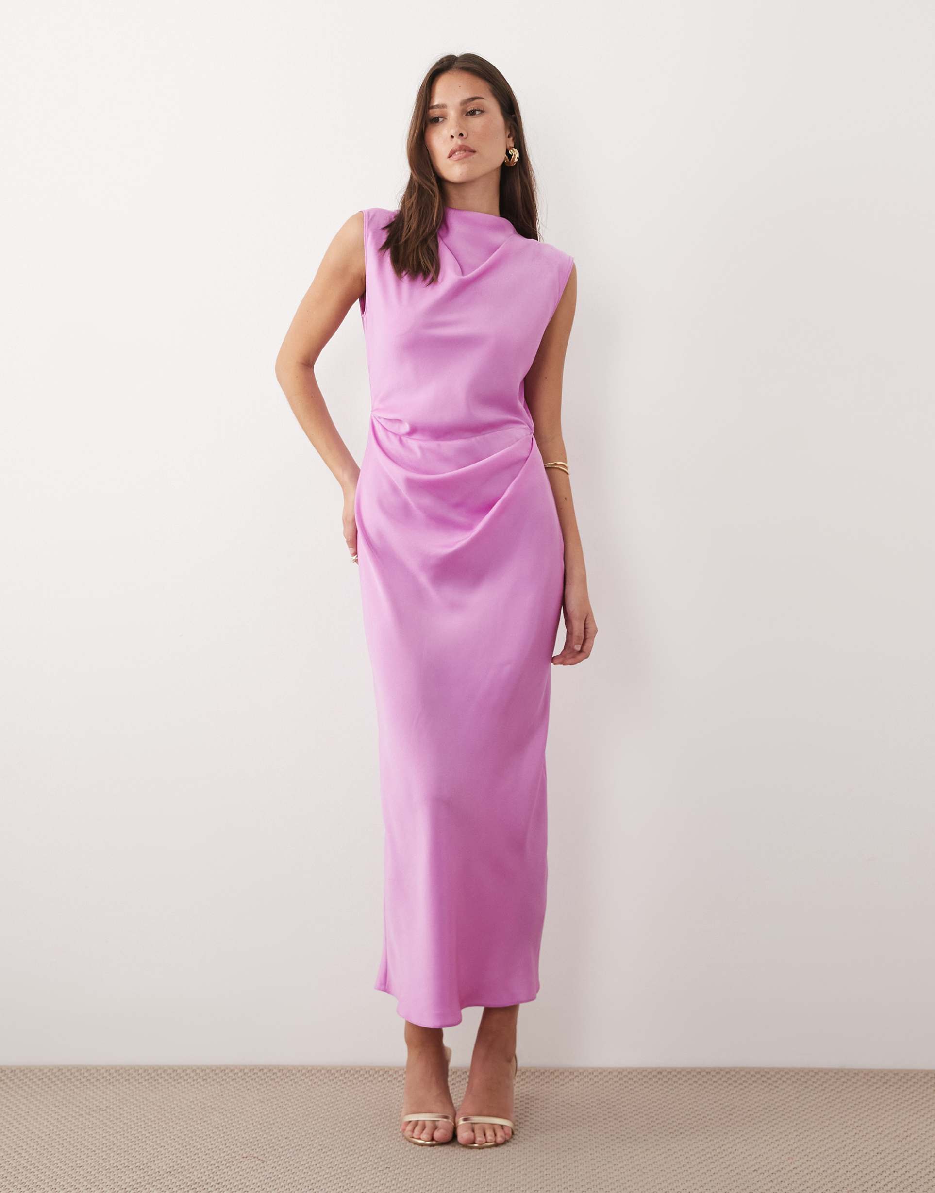asos design satin high neck pleated bodice midaxi dress in pink lilac